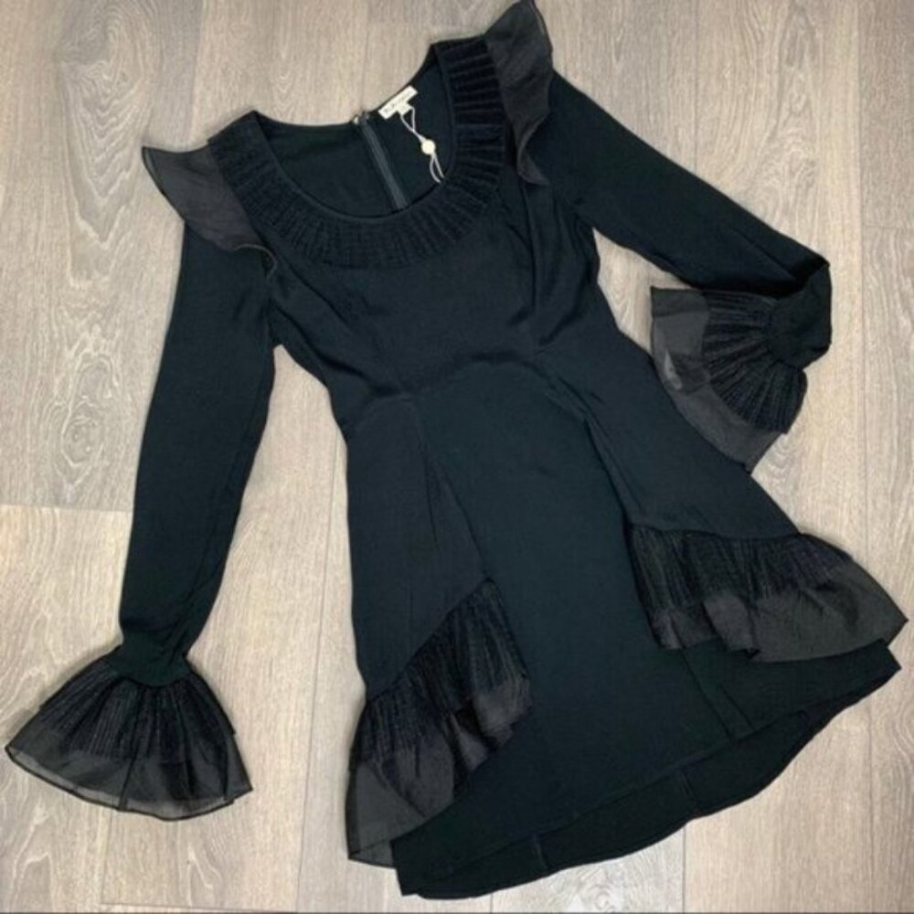 Free People For Love & Lemons Mini Dress XS Flare Sleeve Ruffles Black Prom Grad - Picture 2 of 16